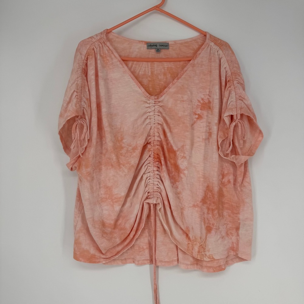 Absolutely Famous Top Womens 3X Peach Tie Dye Ruched Cinch‎ Front Boho Slub Knit